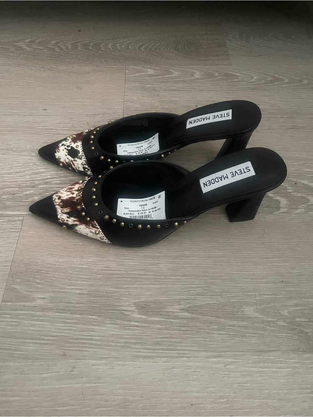 Steve Madden Black Mules with Brown & White Cow-Print Toe and Gold Studs - Picture 5 of 5